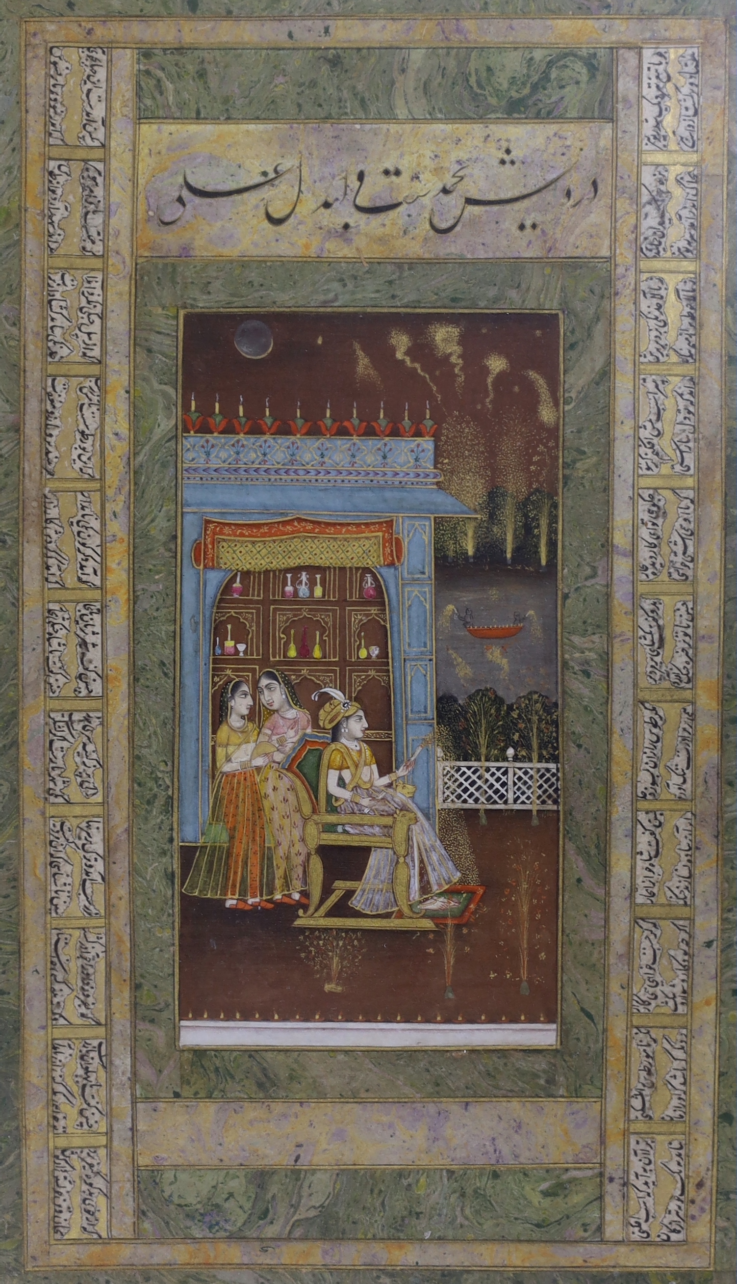 An Indian Mughal style gouache of a court scene with marbled and inscribed borders, 26 x 15cm
